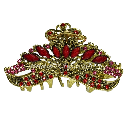 Haargreifer L Vintage Haarkneifer Haarklammer Metall & Strass rot pink gold 5117f - zum Schließen ins Bild klicken